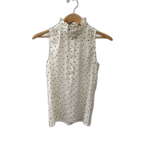 J. Crew Ivory Black Dots Silky Ruffleneck Sleeveless Button Front Blouse Size 0